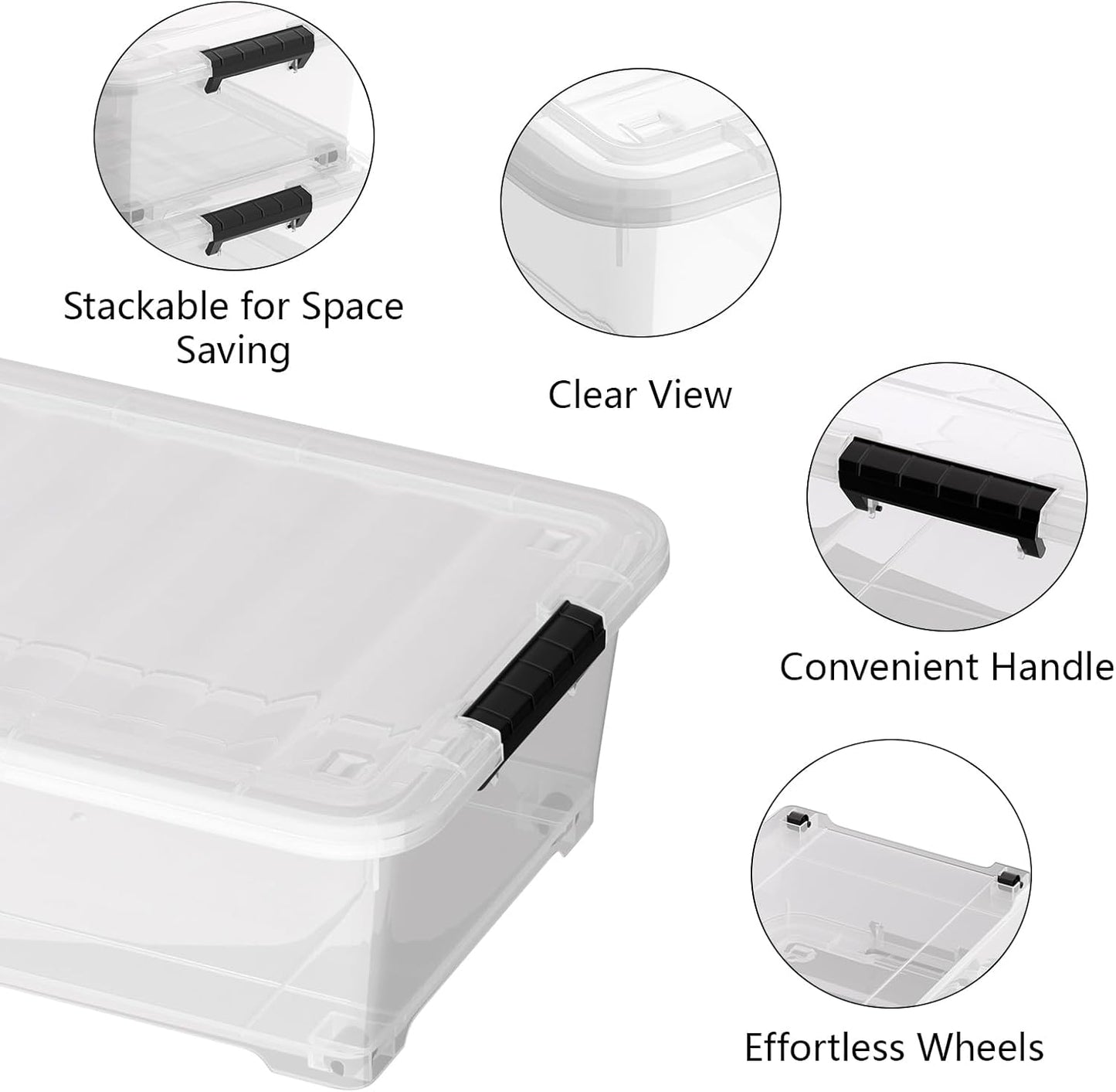 20 Quart Plastic Under Bed Storage Containers, Latching Storage Boxes with Wheels, Clear Under Bed Storage Bins, 4 Pack