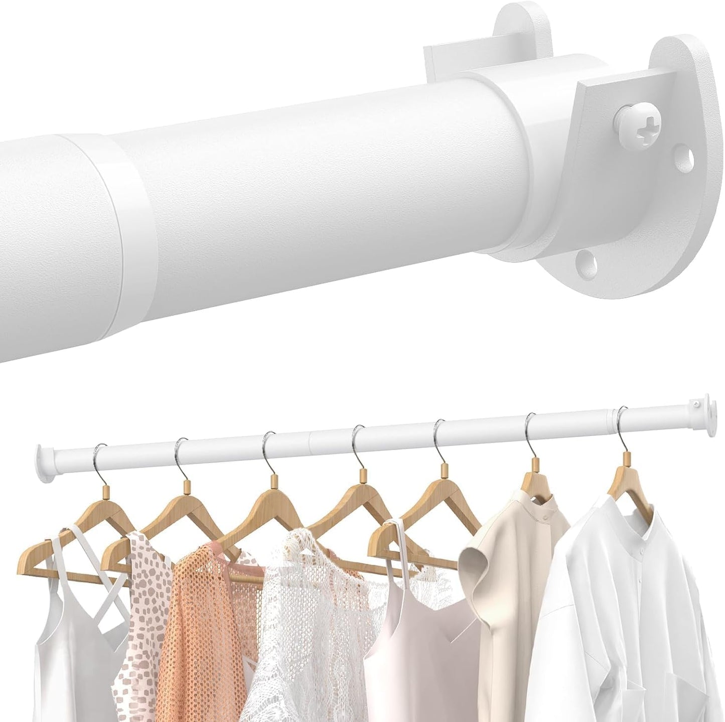 Closet Rods for Hanging Clothes, 17 to 69 Inches Stepless Adjustable Metal Closet Rod, 1.3 Inches Heavy Duty Clothes Hanging Rod for Closet Wardrobes Laundry RV, White