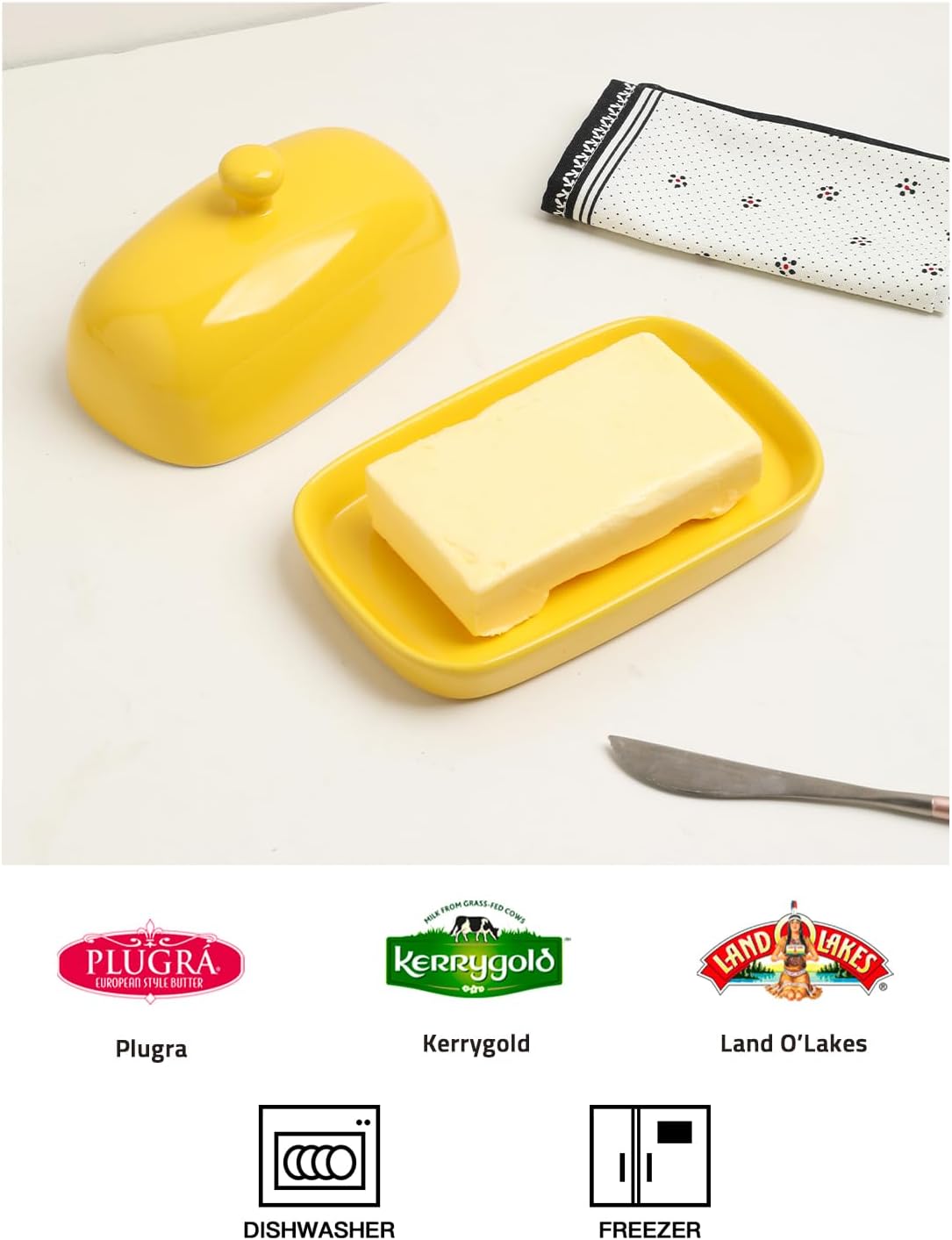 Sweejar Ceramic Butter Dish with Lid for Countertop,Porcelain Butter Keeper with Knob Handle,Butter Container for East/West Coast Butter, 7 inches (Yellow)