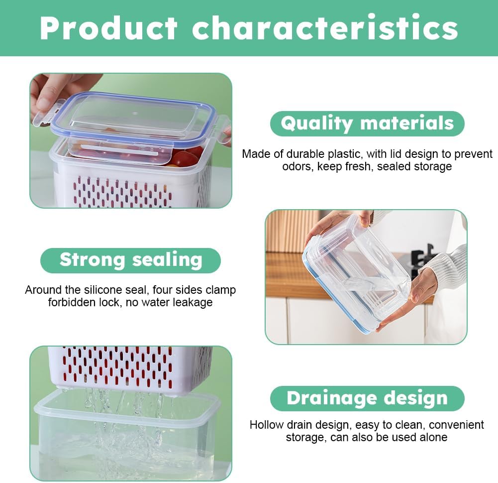iayokocc 2 Pack Fruit Storage Containers for Fridge, Stackable Food Storage Containers with Removable Colander, Refrigerator Organizer with Drain Baskets Lids- Keeping Food Fresh Longer