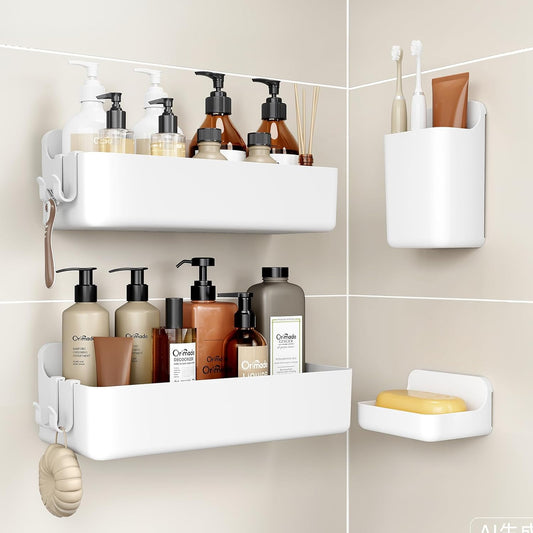 Orimade Shower Caddy 4-Pack, No-Drill Adhesive Shelves for Bathroom, Rustproof ABS Storage Organizer Set, White