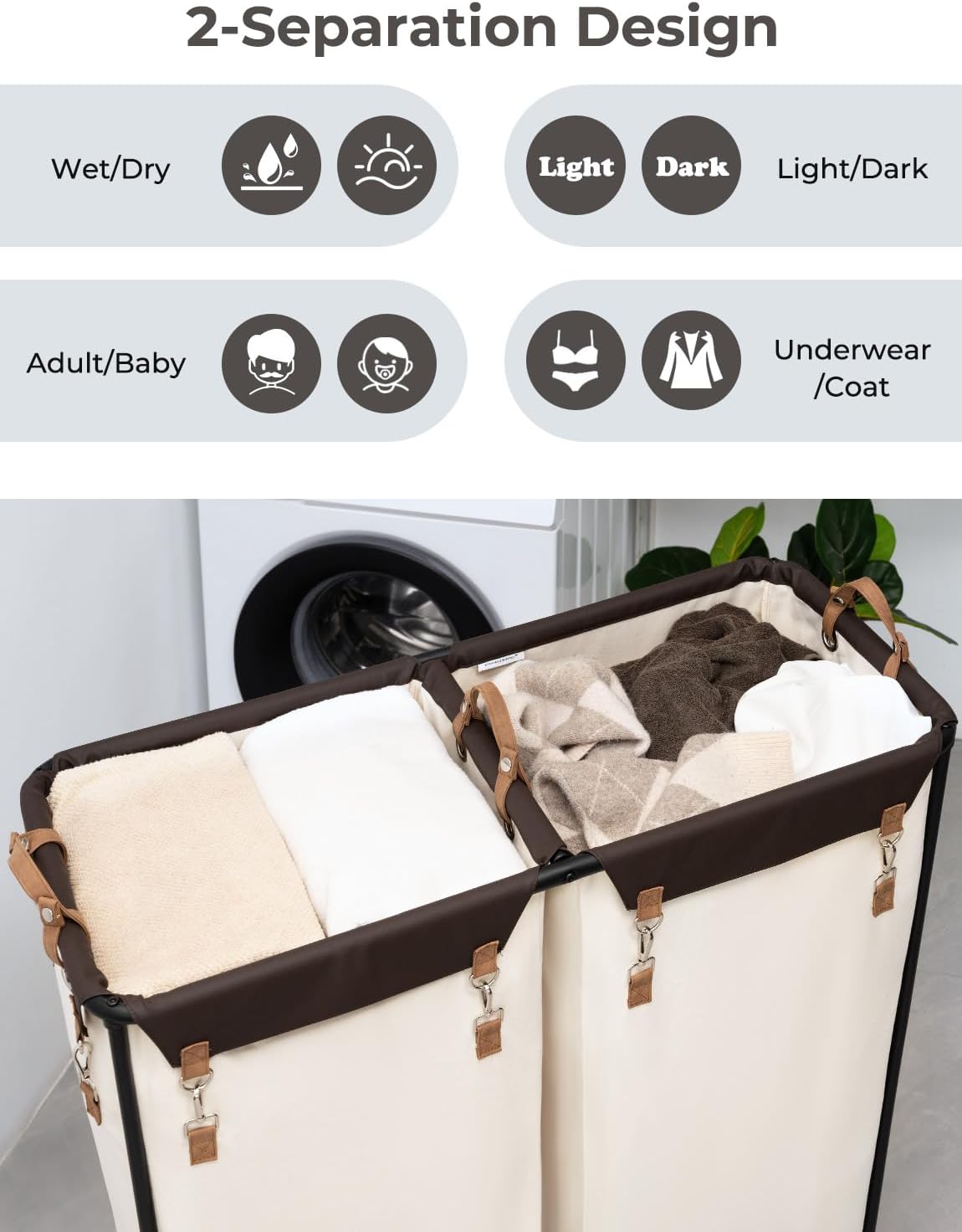 StorageWorks 390L Extra Large Lanudry Hamper with Wheels, Laundry Basket with Wheels 2 Sections, Clothes Sorter Cart with Divider for Hotel, Home, Beige, 1-Pack