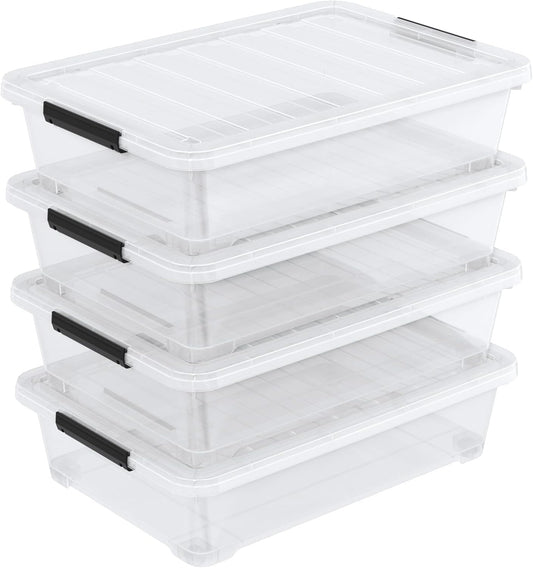 40 Quart Plastic Underbed Storage Boxes, Large Clear Storage Bin with Wheels, 4 Packs