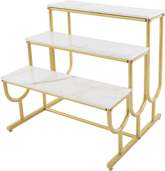 Metal Shoe Handbag Display Stand, 3 Tier Heavy Duty Display Riser Shelf, Modern Retail Display Table, Carbon Steel and Solid Wood, Gold