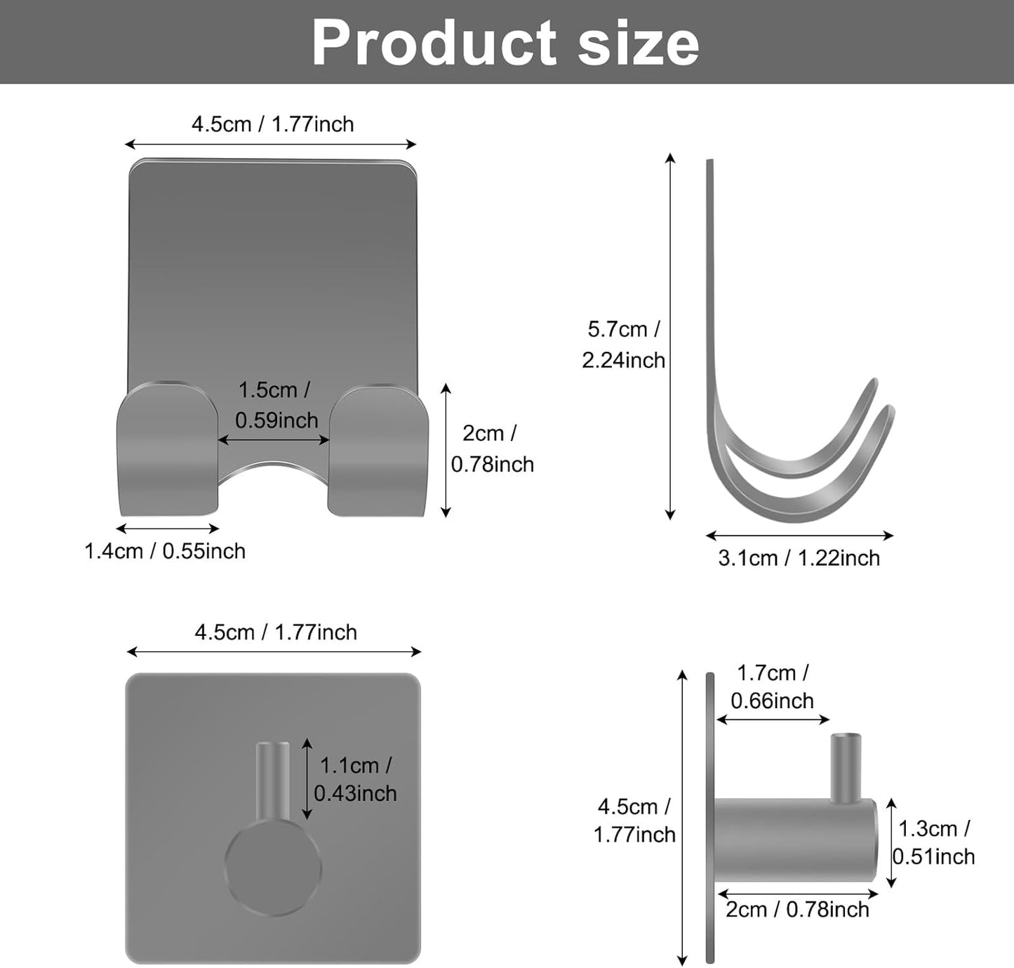 CGBE 4 Pack Shower Hooks - Self Adhesive Shaver Holder Hanger for Bathroom, Damage Free Wall Hooks for Razor, Loofah Sponge - Grey