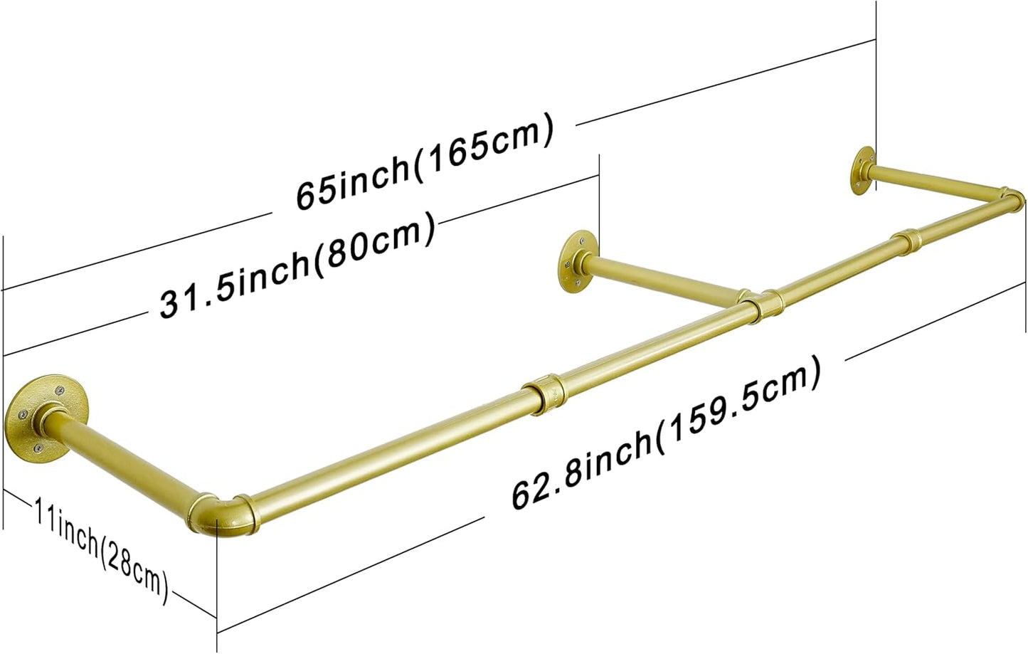 WEBI Industrial Pipe Clothing Rack,65" Wall Mounted Clothes Rack for Hanging Clothes,Heavy Duty Metal Garment Rack Bar Wall Mount Clothing Rod for Closet,Laundry Room,Gold