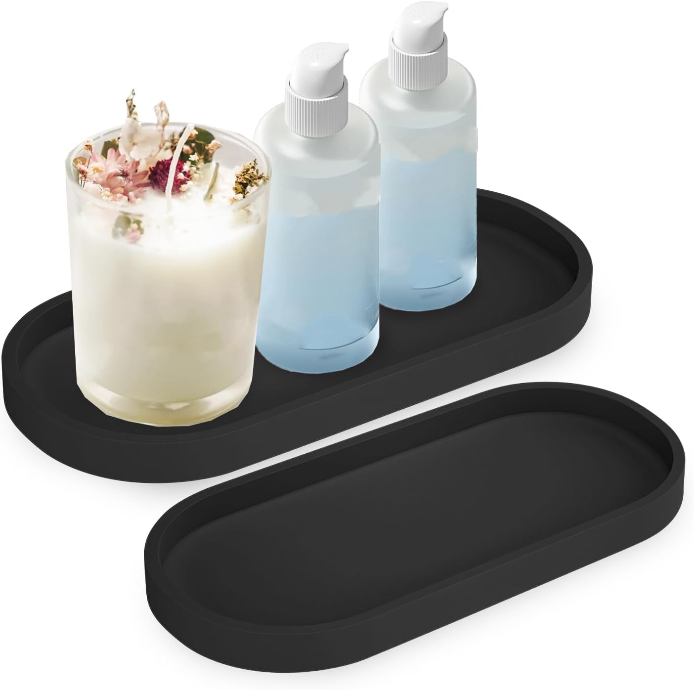 2 Pieces Silicone Shatterproof Bathroom Vanity Tray, 9.8" & 11.8" Oval Black Kitchen Counter Tray, Hand Soap Dispenser Tray, Toilet Top Perfume Trays for Dresser Holder Organizer (Black)