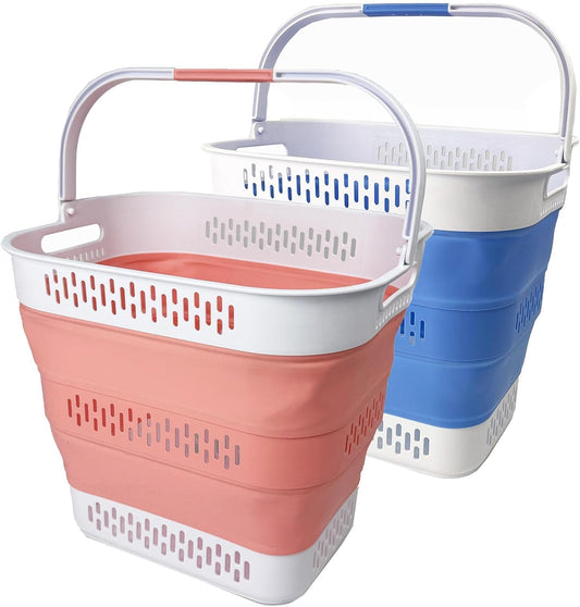 SAMMART 40L (10.5 Gallon) Collapsible Plastic Laundry Basket with Handles - Foldable Pop Up Storage Container/Organizer - Portable Laundry Hamper - Space Saving (2, Quartz Pink+Little Boy Blu)
