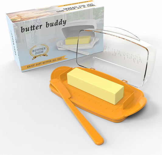 Butter Dishes with Lid for Countertop Refrigerator, Clear Butter Dish Plastic Flip Top Lid Butter Container with Spreader, Non-Slip Bottom Butter Holder Keeper (Transparent Cover Orange)