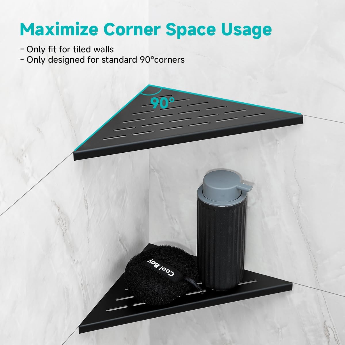 10 Inch No Drilling Corner Shower Shelf Matte Black– 2-Pack Wall Mounted Bathroom Shelves for Inside Shower, Triangular Recessed Shower Caddy, Stainless Steel Shower Organizer for Tiled Walls