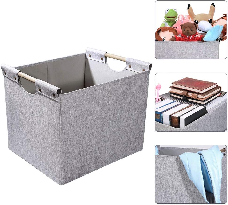 HOONEX Large Foldable Storage Bins, Linen Fabric, 2 Pack, with Wooden Carry Handles and Sturdy Heavy Cardboard, for Home, Office, Car, Nursery, Light Grey