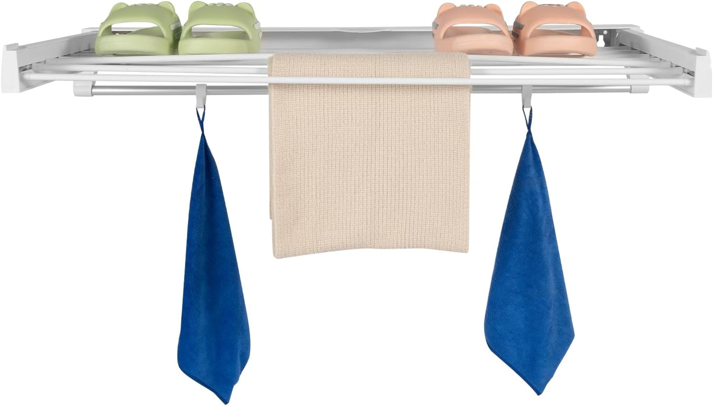 Wall Mounted Drying Rack, Foldable Wall Mount Laundry Rack Folding Indoor Drying Rack Clothing Collapsible with 4 Moveable Hooks and 7 Aluminum Drying Rods for Indoor Outdoor Hanging Clothes