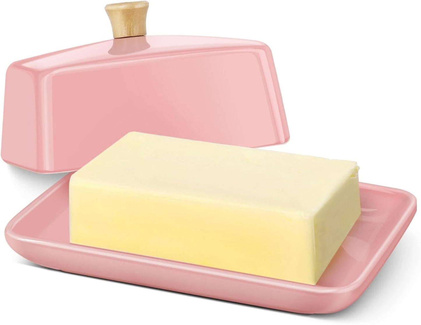 Flexzion Ceramic Pink European Butter Dish with Lid for Countertop (7 Inch) - Wide 2 Stick Double Butter Holder for Counter, Cream Cheese Container Storage Keeper