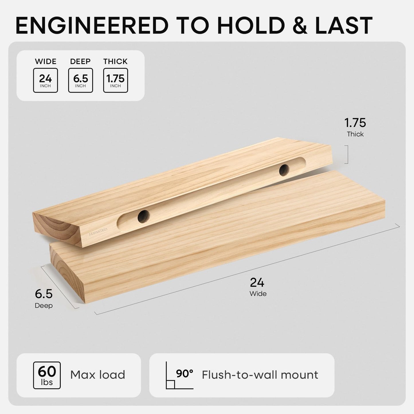 Homeforia 24 inch Natural Floating Shelf, High End Solid Real Wood 24inch Small Floating Shelves for Wall Mounted, Natural Wooden Floating Shelves, Heavy Duty Bracket, 24 X 6.5 X 1.75 in, Set of 3