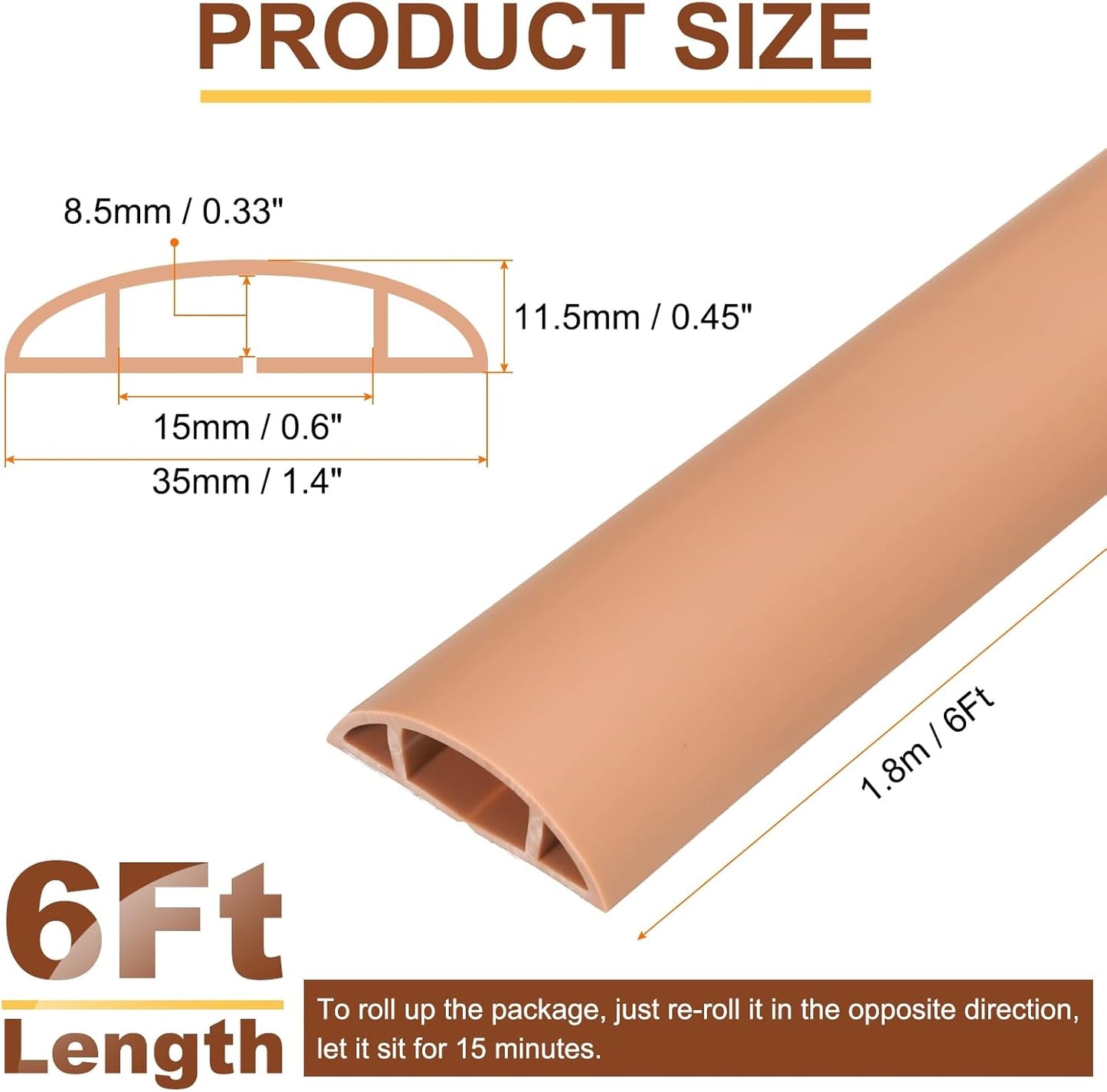 HARFINGTON 6ft Cord Cover Floor W0.6 x H0.33 Inner Channel PVC Hide Extension Cable Floor Wire Hider Wire Covers Protector for Prevent Cable Trips Cables Management, Brown