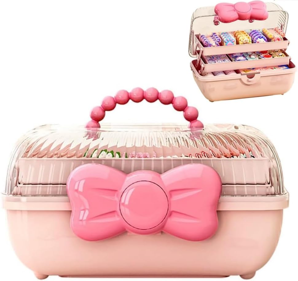 Bow Knot Hair Accessories Organizer Box Cute Dust Proof Childrens Jewelry Storage Box 3 Layers Plastic Storage Box for Hair Clips,Headbands,Hair Bands,Jewelry,Etc