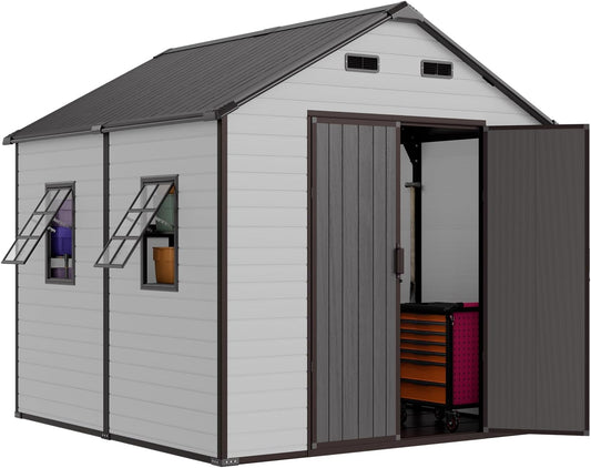 8x8 Shed with Floor, Heavy-Duty Plastic Resin Sheds & Outdoor Storage, Garden Tool Shed for Backyard, Patio, Bike Storage with Lockable Awning Windows & Reinforced Steel Frame（23-Gauage