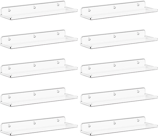 Lifewit Floating Shelves for Wall, 10 Pack Clear Acrylic Shelf 15" Room Decor for Bookcase/Vinyl Record Display/Photo/Picture in Bedroom, Living Room, Bathroom, Kitchen Storage and Organization