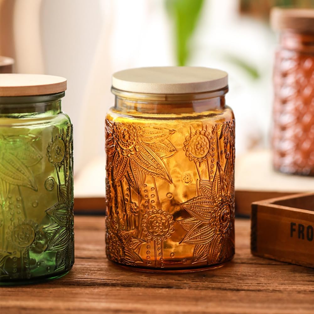 ANSQU Vintage Glass Canister, 23.7 FL OZ Glass Jar with Lid, Colored Mason Jar for Kitchen Pantry, Glass Food Storage Container for Coffee, Tea, Candy, Cookie, Sugar Container (Yellow, 1 Pack)