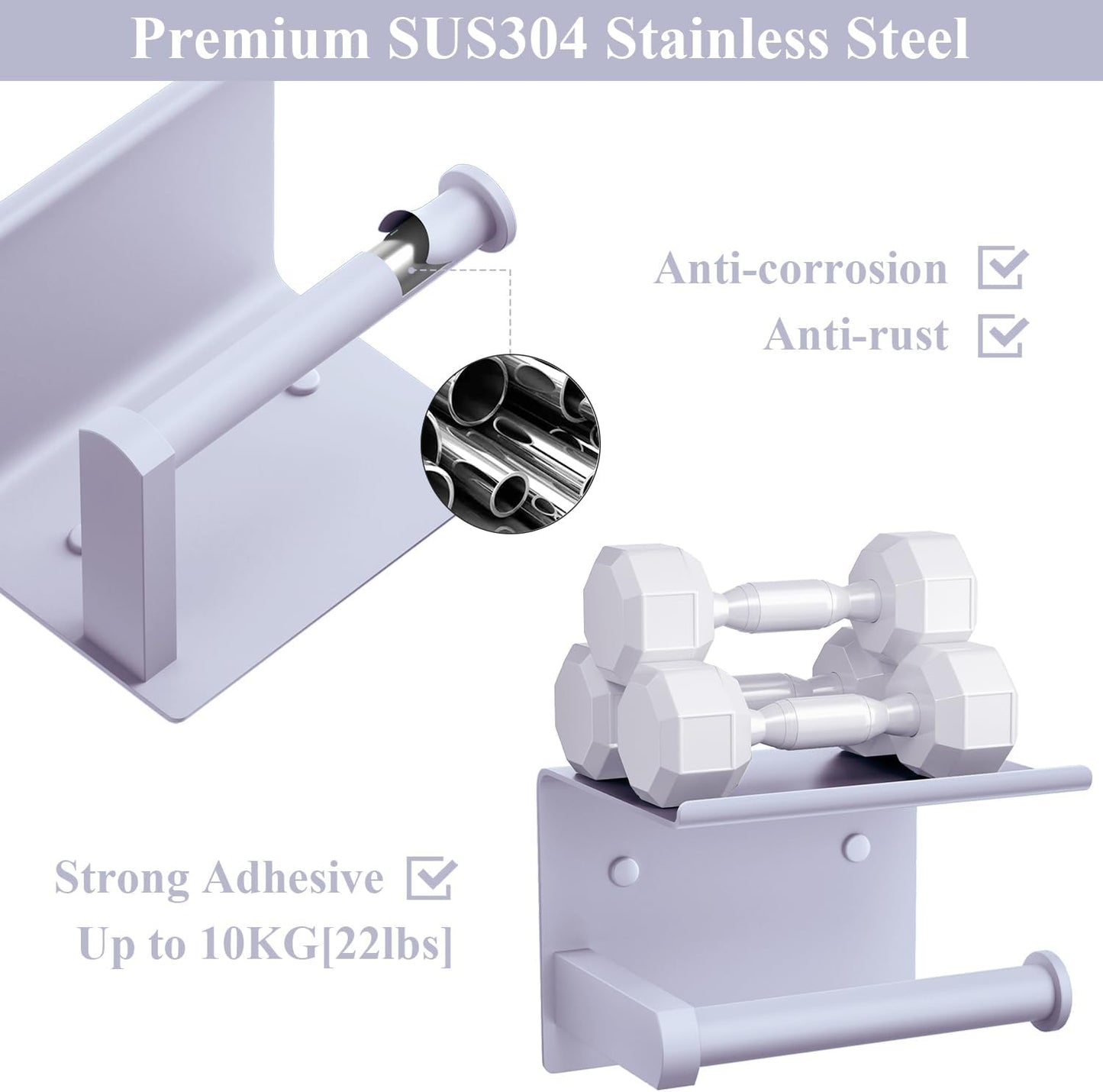 Tindbea Toilet Paper Holder with Shelf Adhesive or Screw Wall Mounted Toilet Paper Roll Dispenser Storage, Stainless Steel Bathroom Shelf Holder Accessories (Lavender Purple)
