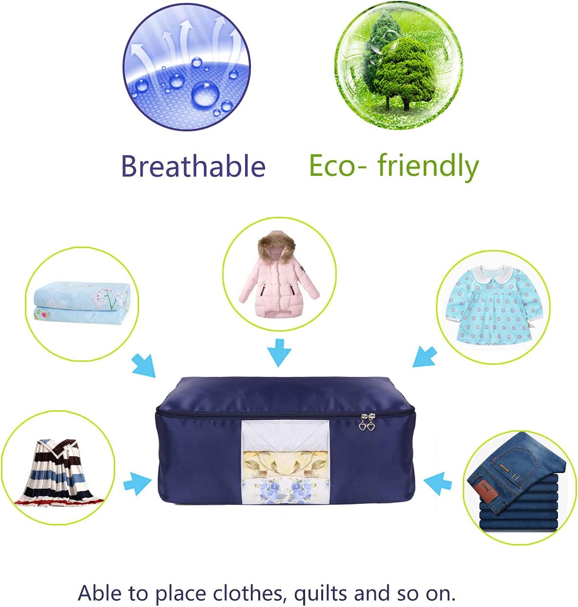 Blanket Storage Bags Pillow Bedspread Bedding Clothes Organizer Storage Containers With Zippers Breathable and Moistureproof. (Navy blue 2pcs, L)