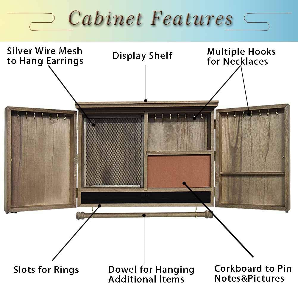 Rustic Wall Mounted Jewelry Organizer,Vintage Wooden Hanging Jewelry Holder Box with Barndoor Decor for Necklaces, Earings, Bracelets, Rings, Accessories. Includes Hook Organizer