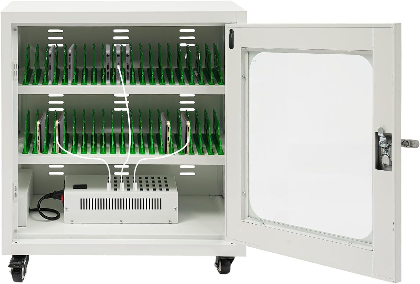 Mobile Phone Charging Cabinet 40-Port Charge Station with 4 Universal Wheels (2 Brakes) & Visible Door 40 Device Charging Cart Mobile Charge Station for Cell Phones Less Than 8'' In Size(White)