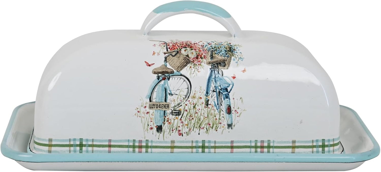 Enameled Farmhouse Vintage Butter Dish with Lid, 7.5 Inch Durable Kitchen Food Storage Container Rust-Resistant Refrigerator Safe,Vintage Decorative Design Kitchenware for Countertop