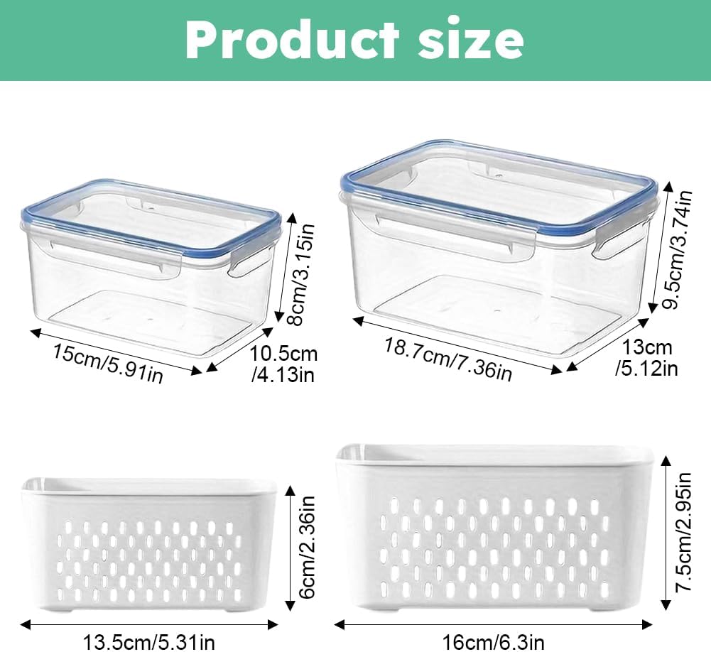 iayokocc 2 Pack Fruit Storage Containers for Fridge, Stackable Food Storage Containers with Removable Colander, Refrigerator Organizer with Drain Baskets Lids- Keeping Food Fresh Longer