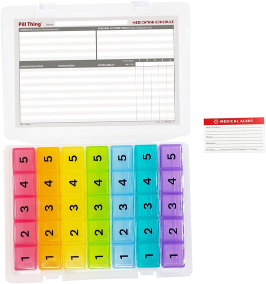 5 Times a Day Weekly Pill Box Organizer Case, Secure 7 Day Pillbox with Medication Schedule (5 Time-a-Day)