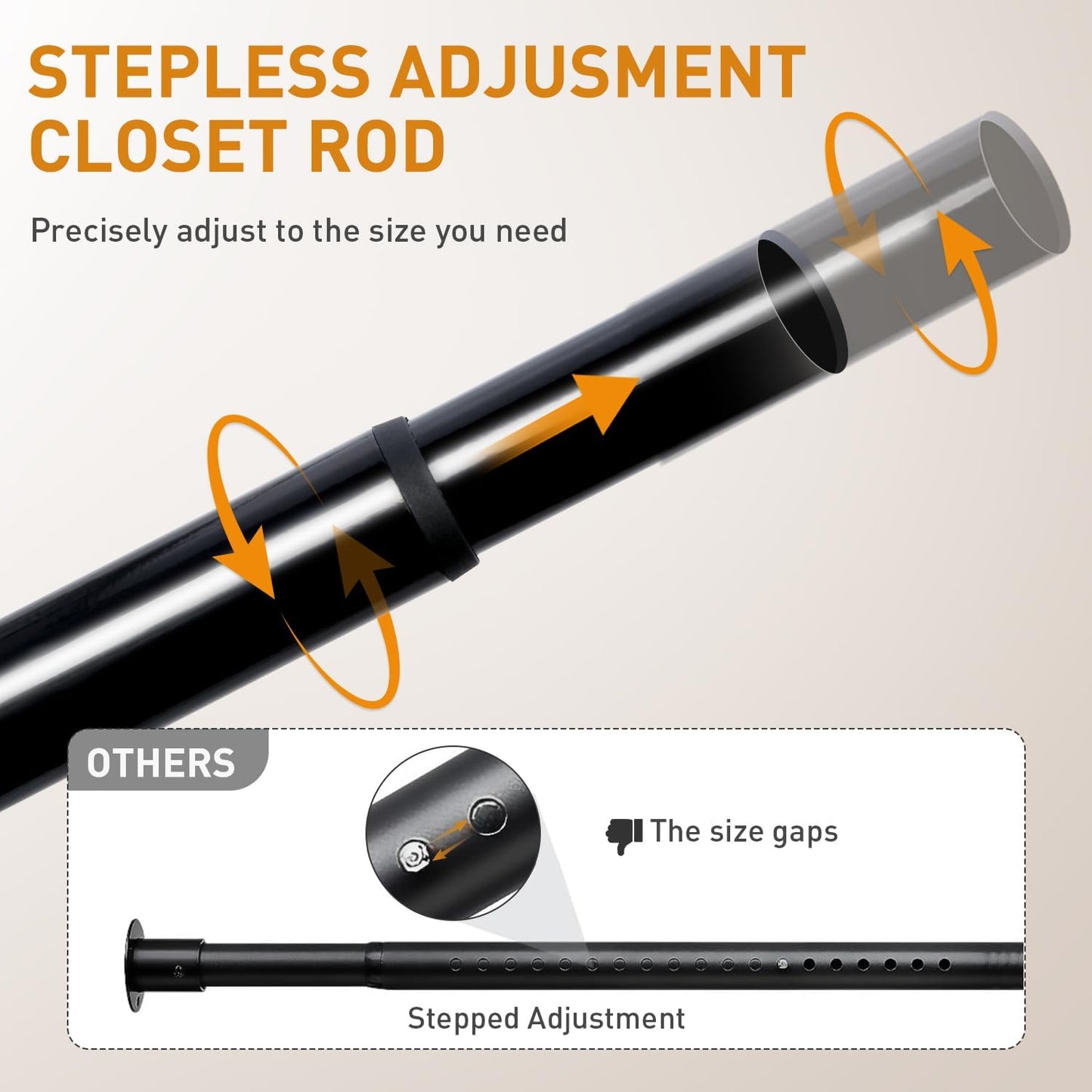 Black Adjustable Closet Rod 18-63 Inches, Heavy Duty Metal Clothes Hanging Rod, Rust-Proof Non-Slip Wardrobe Bar for Closet, Laundry Room, RV