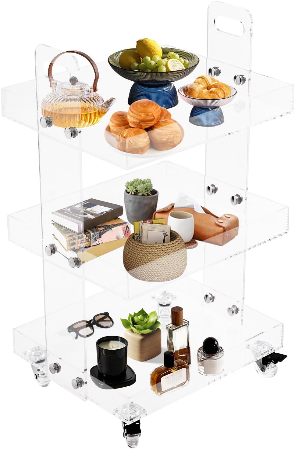3-Tier Acrylic Utility Rolling Cart with 4 Lockable Wheels,for Storing Kitchenware, Toiletries,Snacks,Vegetables,Fruits,Cosmetics,Documents（16.38 * 13.39 * 27.56in）