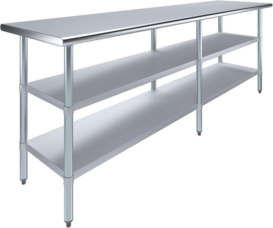 AmGood Stainless Steel Work Table with 2 Shelves | NSF | Metal Utility Table (96" Long x 24" Deep)