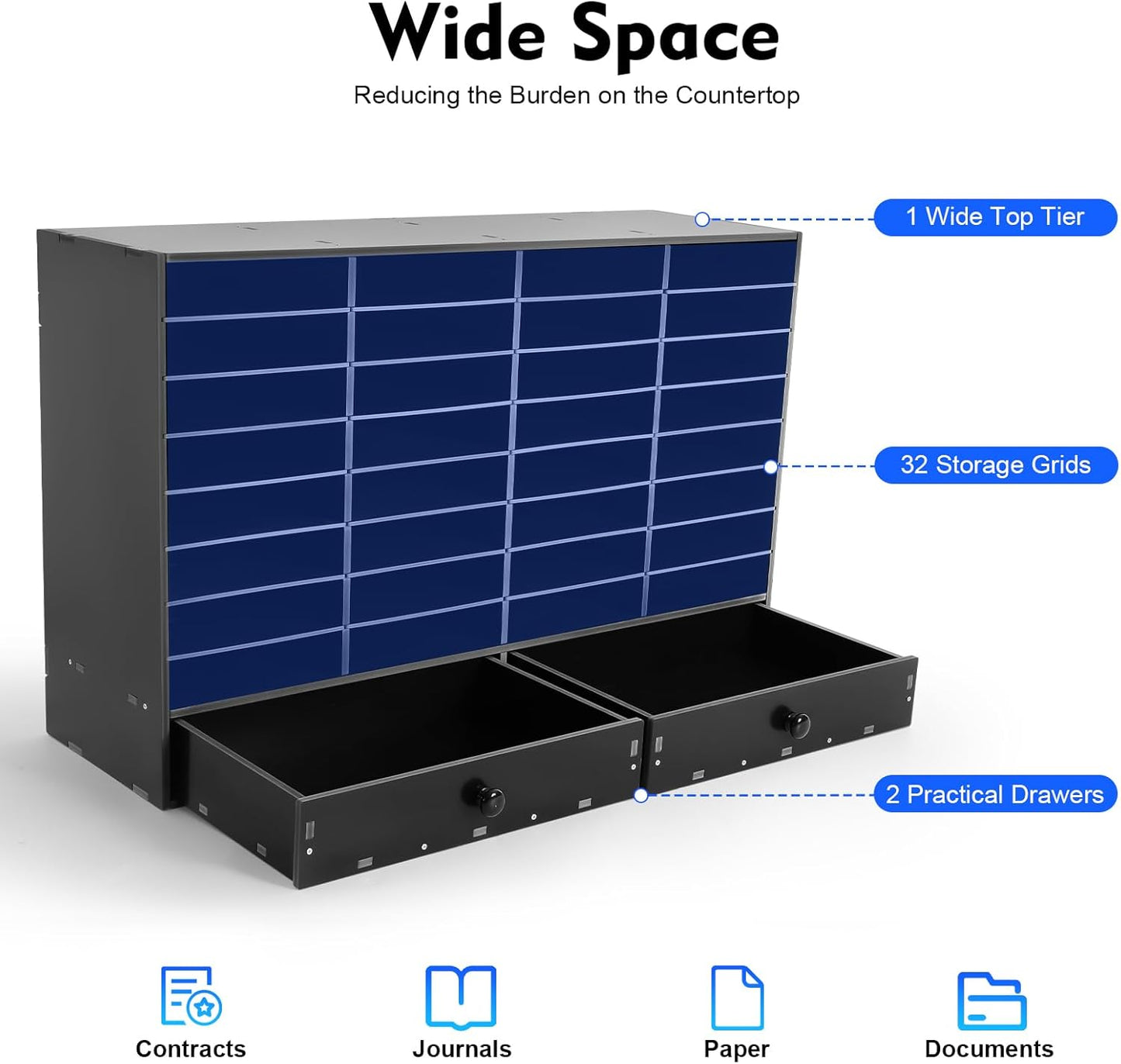 Adjustable Literature Organizer, 32 Compartments Mail Sorter Organizer with 2 Drawers, PVC Desktop File Sorter, Classroom Mailbox Office Mailbox Cubbies for Office, Home, Study Room Black