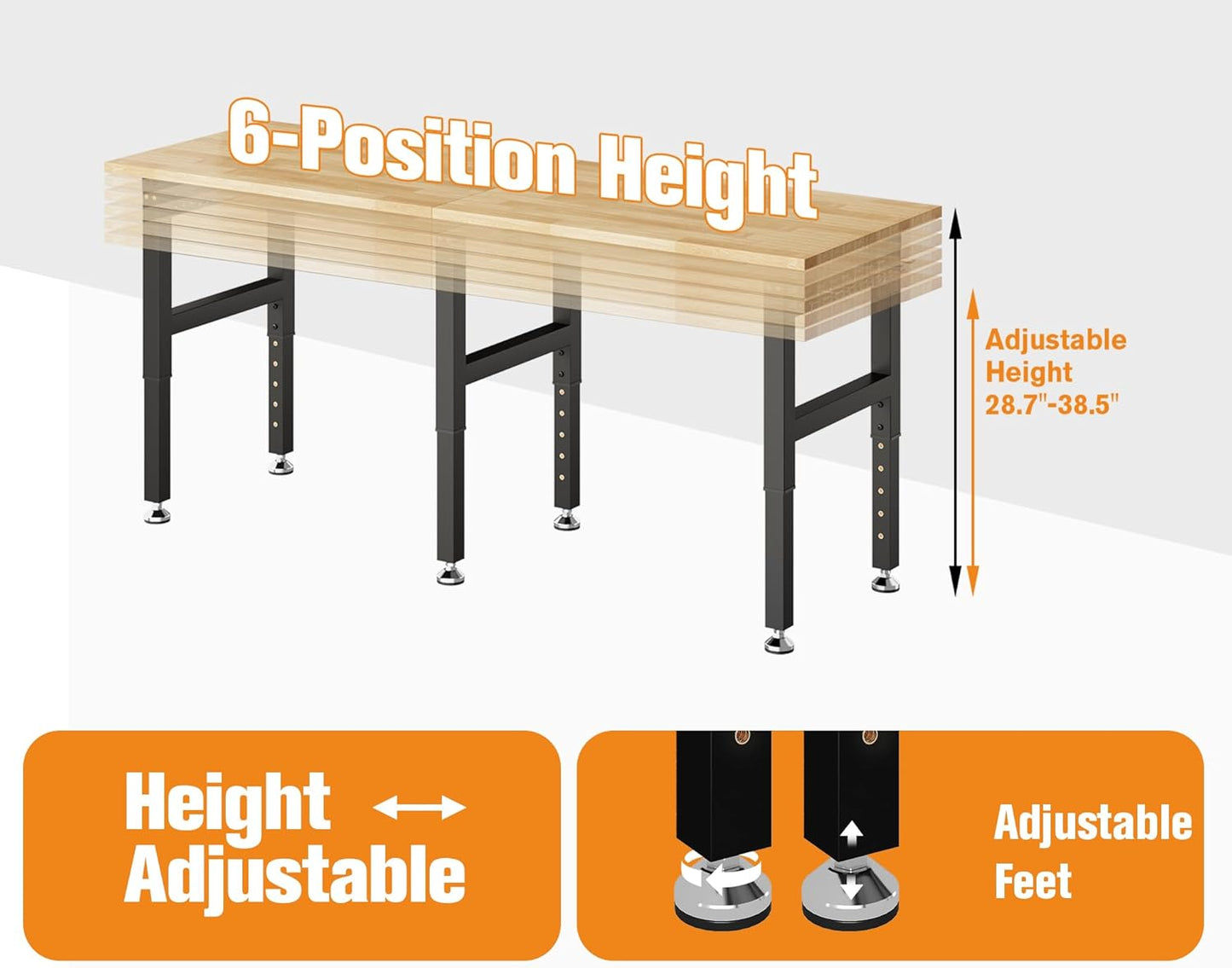 SPECRAFT 72“ Adjustable Heavy Duty Workbench with 4 AC Outlet and 2 USB Ports Power Outlets, 6000 Lbs Capacity, Rubber Wood Top for Garage, Workshop, Office