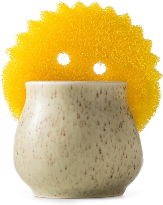 Ceramic Dish Sponge Holder, Sponge Caddy for Kitchen Sink Brush Organizer Scrub Dish Rack for Scrubbers, Bathroom, Sink, Yellow