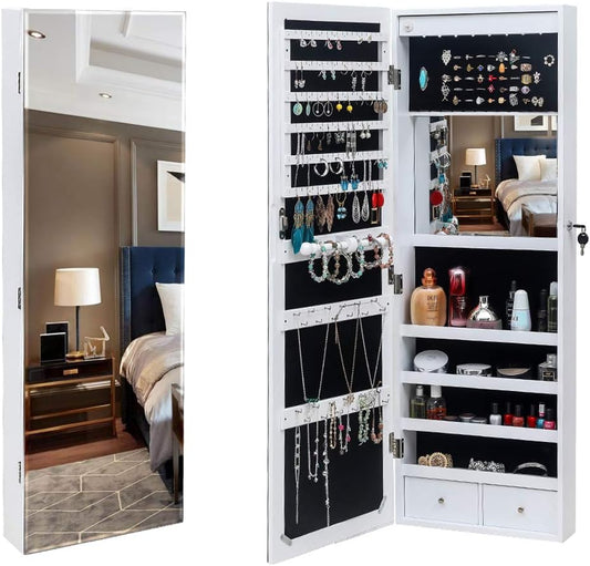 8 LEDs Mirror Jewelry Armoire, Wall Mounted Jewelry Cabinet with Mult Back Shelves & Interior Mirror & Lockable & Drawers, Jewelry Organizer with Storage for Women Gift, White