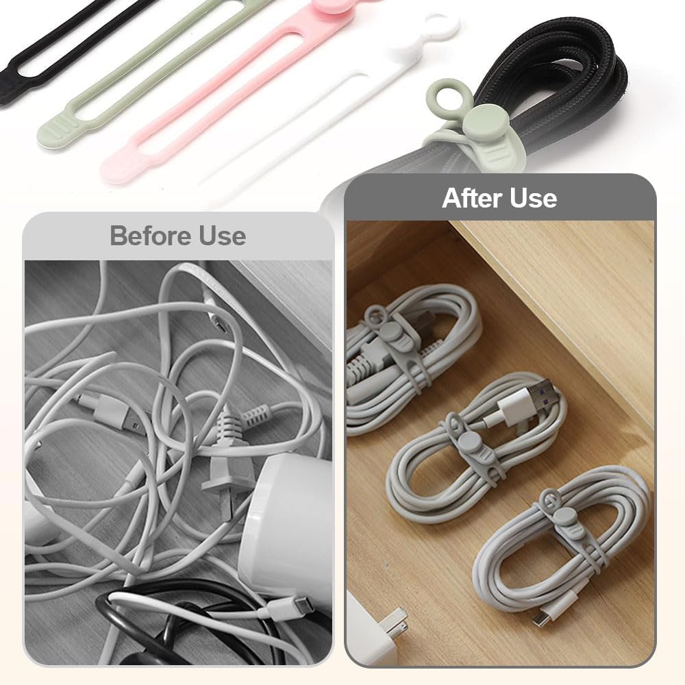 Data Cable Organizer, Silicone Cable Ties Reusable - Elastic Cord Organizer for Electronics, Adjustable Wire Ties for Cable Management,Computer Wires,Phone Charger,Earphone,Home Office (White, 10PCS)