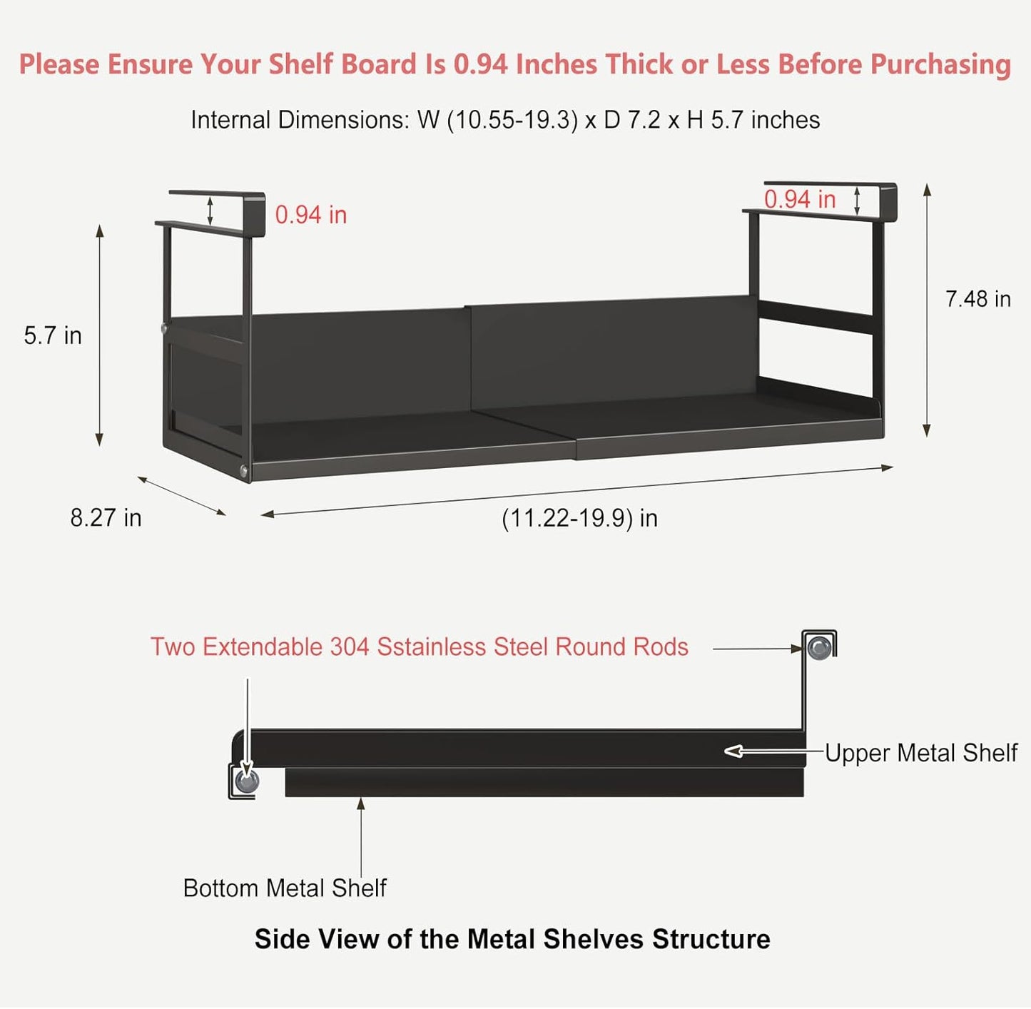 Expandable Under Cabinet Shelf Organizer with 0.94-Inch Thick Clips, Heavy Duty Extendable Under Shelf Storage Basket for Pantry or Laundry Room, Black, 1 Pack, Interior: 5.7" H x 7.2" D