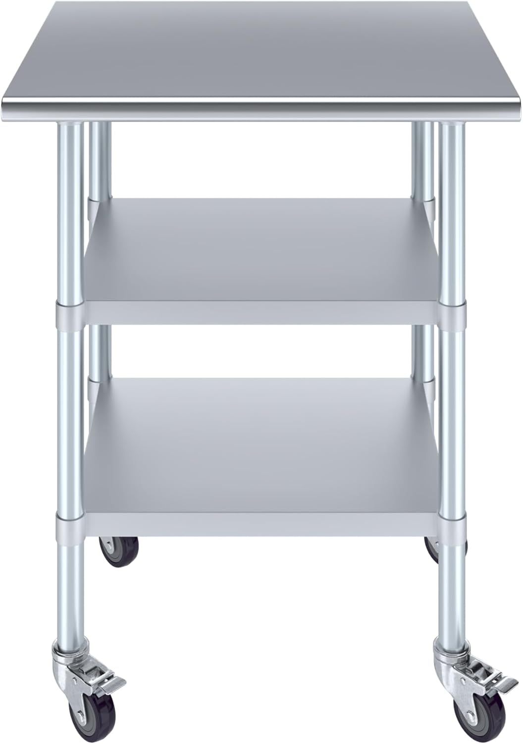 AmGood Stainless Steel Work Table with 2 Shelves and Casters | Metal Utility Table On Wheels (Stainless Steel Work Table with 2 Shelves + Casters, 30" Long x 24" Deep)