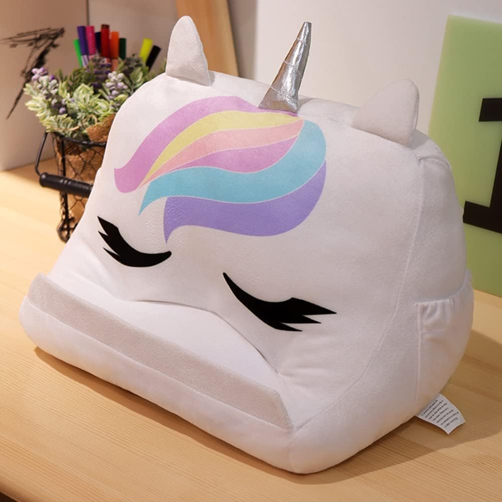Dpofirs Pillow Tablet Stand, Soft Plush Tablet Holder with Storage Pockets for Kids, Compatible with pads Tablet Phone, Sturdy Fluffy Cushion for Home Travel School Birthday Christmas (white)