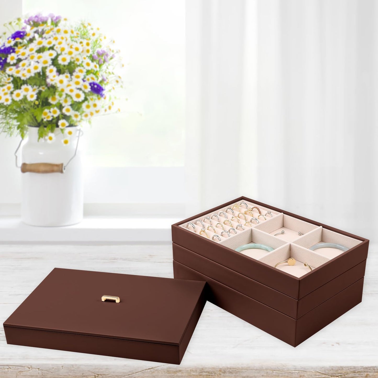 Voova Stackable Jewelry Organizer Tray with Lid, PU Leather Jewelry Storage Holder for Drawer Inserts, Jewellery Display Box Case for Earring Necklace Ring Watch Bracelet (Set of 4, Caramel Brown)