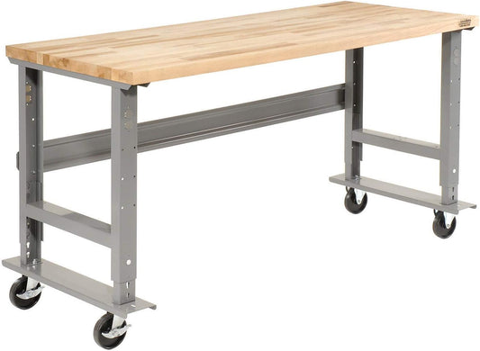 Global Industrial Mobile Adjustable Height C-Channel Leg Workbench, Maple Butcher Block Square Edge, 60" Wx30 D, Gray
