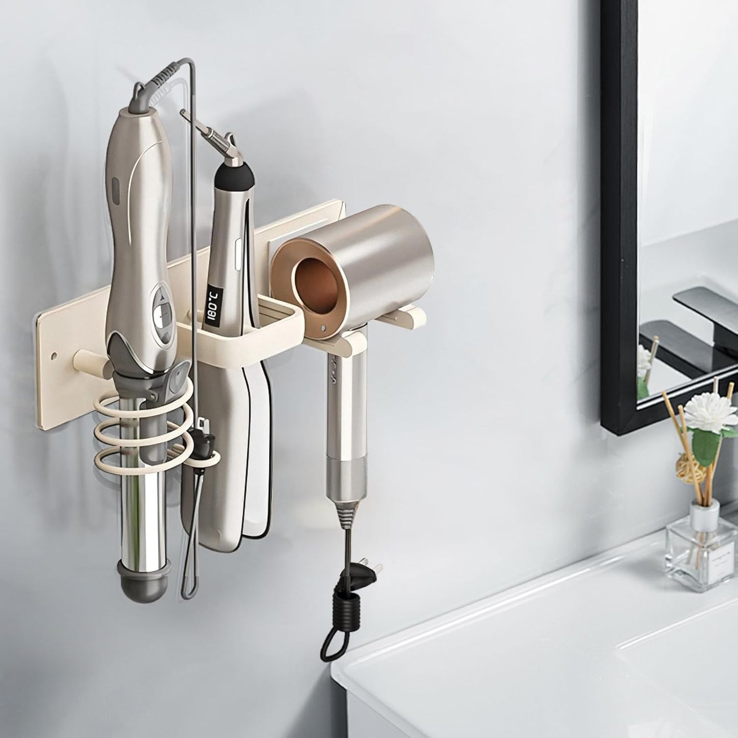 Hair Dryer Holder Wall Mounted,Blow Dryer, Curling Iron, Straightener Holder 3 in 1 Bathroom Metal Hair Tool Organizer Rack-White-2
