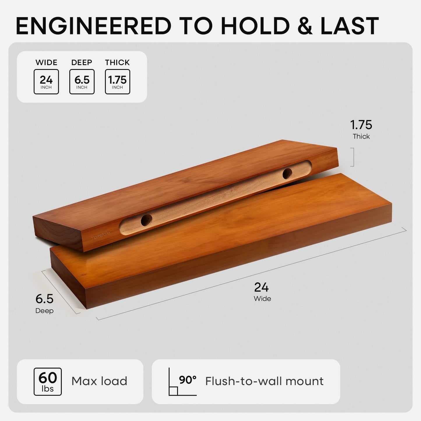 Homeforia 24inch Oak Floating Shelf for Wall, High End Solid Real Wood 24 inches Long Floating Shelves for Bathroom, Honey Oak Wooden Floating Shelves, Heavy Duty Bracket, 24 X 6.5 X 1.75 in, Set of 4