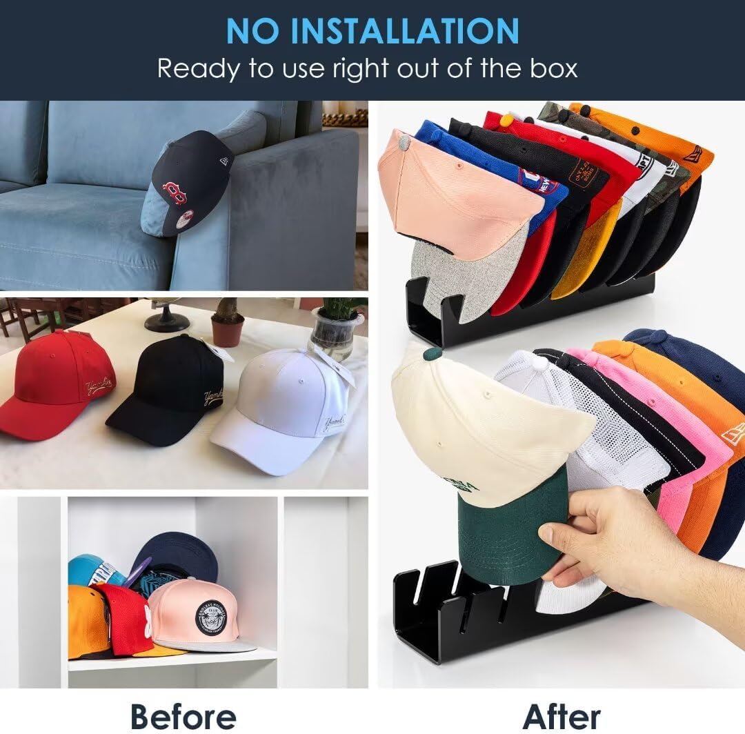 OAPRIRE Hat Stand for Baseball Caps Display and Organizer, No Install Acrylic Hat Organizer 2 Pack Holds 14 Baseball Caps for Closet, Bedroom, Dresser (Glossy Black)