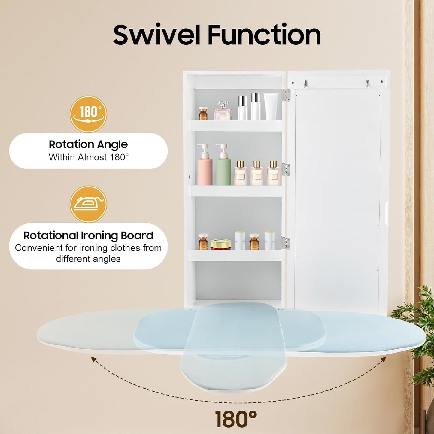 Wall-Mounted Ironing Board Cabinet with Storage Shelves & Door, Built in Foldable Ironing Board, Wall Hanging Ironing Storage Station for Bedrooms Laundry Rooms Apartments Small Spaces