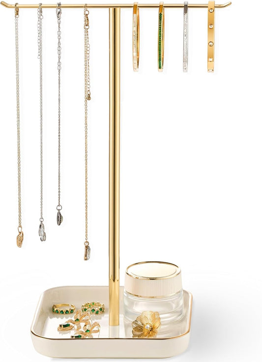Jewelry Holder Stand with Ceramic Base: 12" Tall Necklace Organizer Rack, Tree Design Display Storage for Necklaces, Bracelets, Rings, Earrings, Aesthetic Room Décor for Girls and Women, Gold