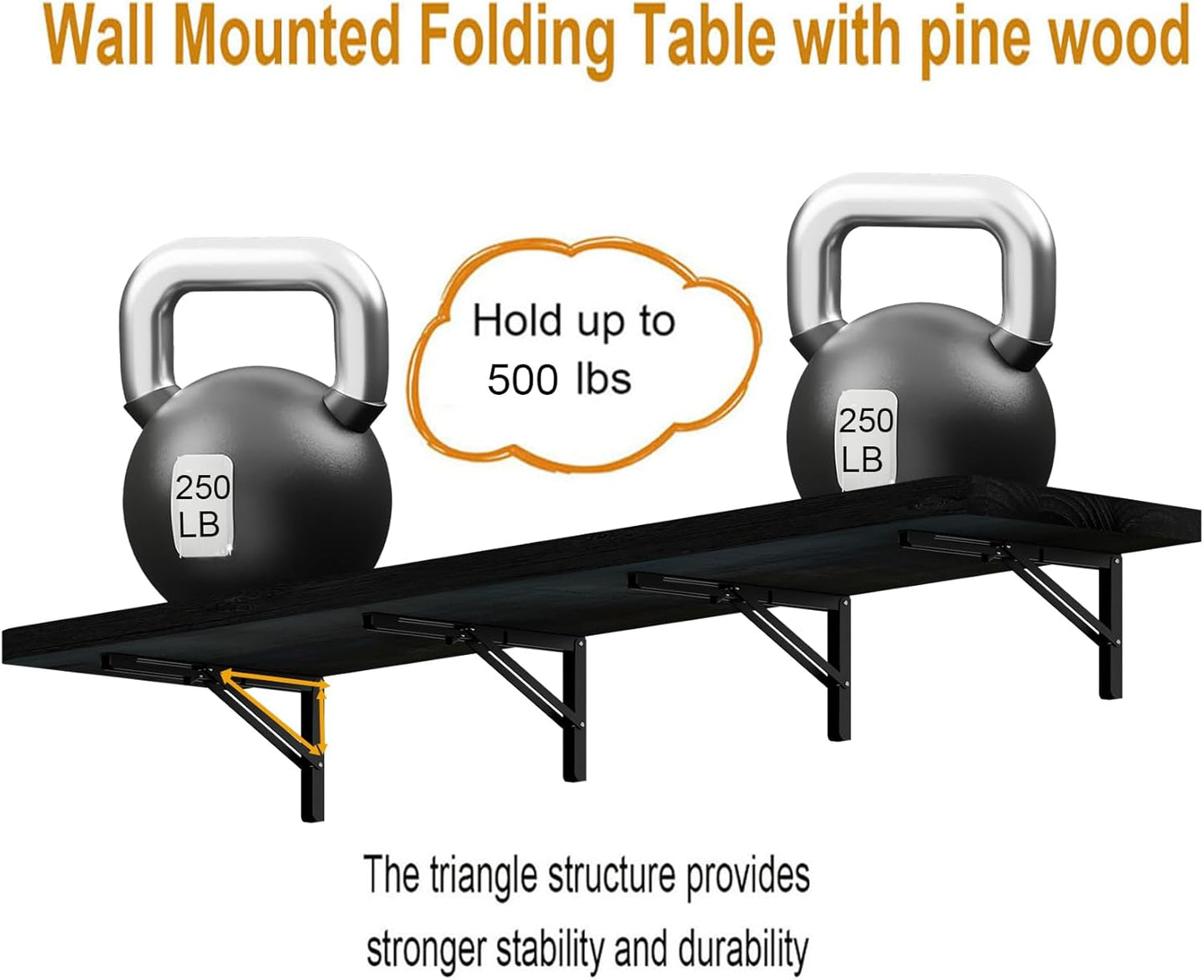 IAE Floating Wall Mounted Folding Table Desk with Pine Wood,72" x 22" Foldable Workbench,Fold Down Wall Mounted Foldable Desk with Shelf Brackets,Laundry Folding Table for Home,Dining,Kitchen,Black
