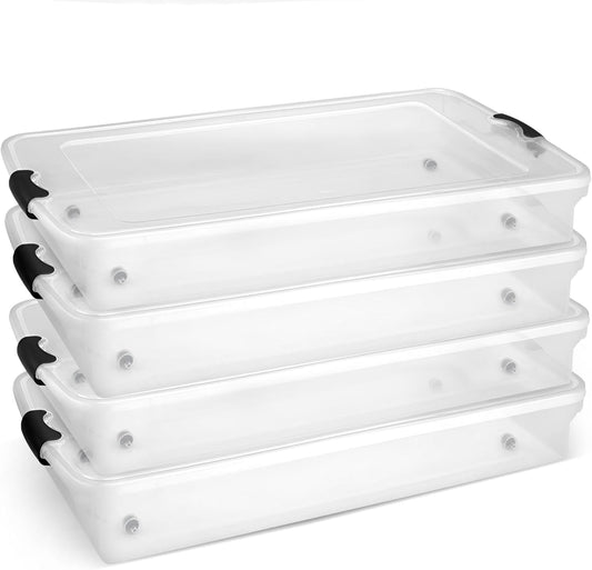 HOMZ 4-Pack Under Bed Storage, Clear Plastic Containers with Lids, 60 Quart, Gray Latch - Stackable Underbed Organizer Bins for Shoes, Bags, Clothes, and Towels